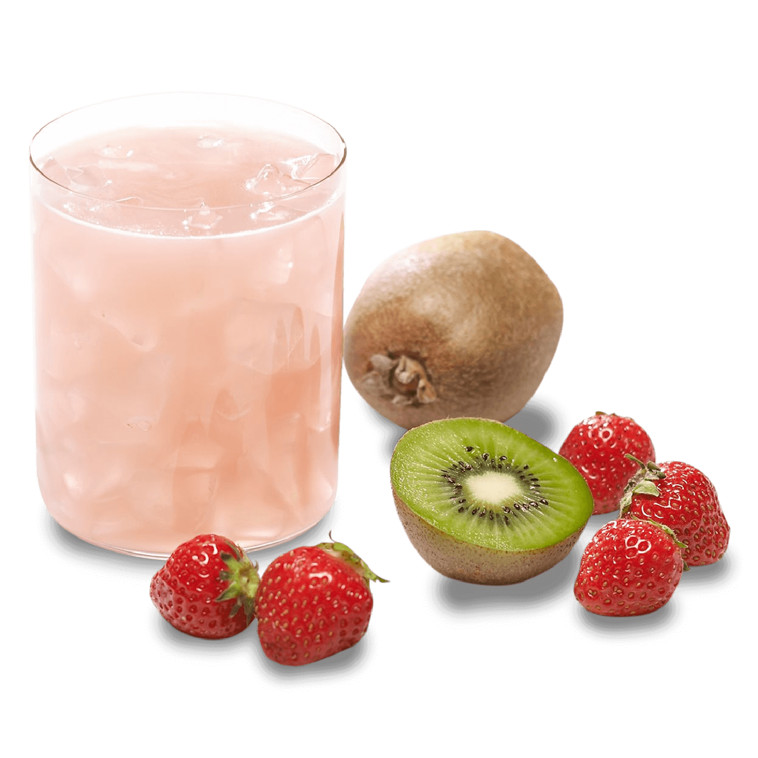 Refreshing protein drink with strawberries, kiwi, and a smooth texture in a glass with ice.